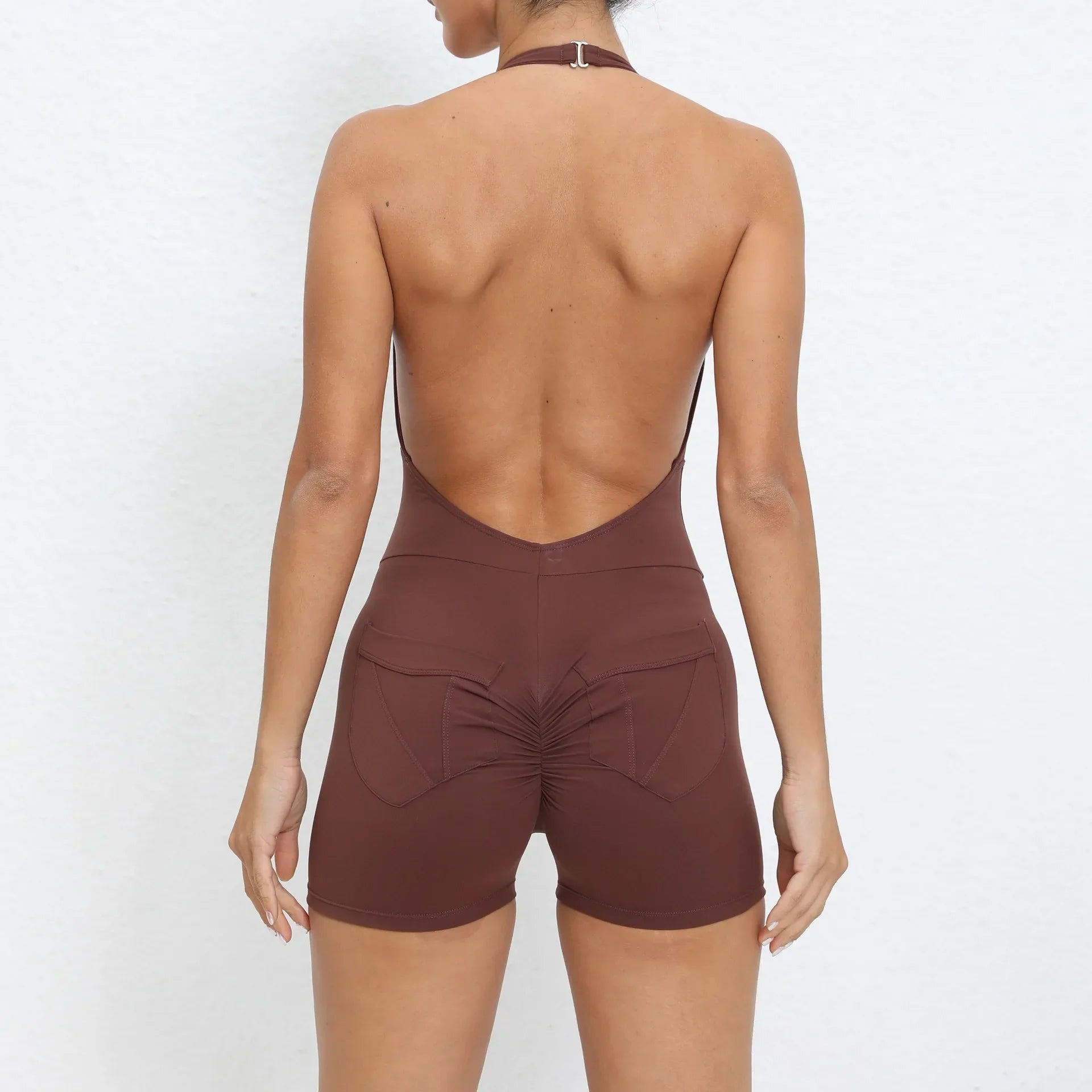 Gym Sport Jumpsuit Short Jumpsuit with Pocket Women Sportswear One Piece Yoga Set Sexy Backless Scrunch Fitness Overalls Romper
