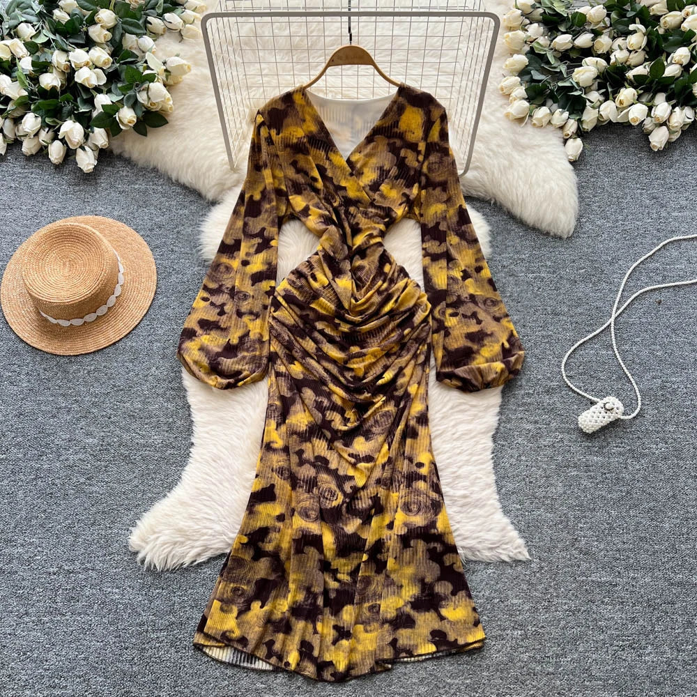 Chic vintage long sleeve Criss-Cross print pleated Elegant Fairy korean fashion dress women clothing Long dress