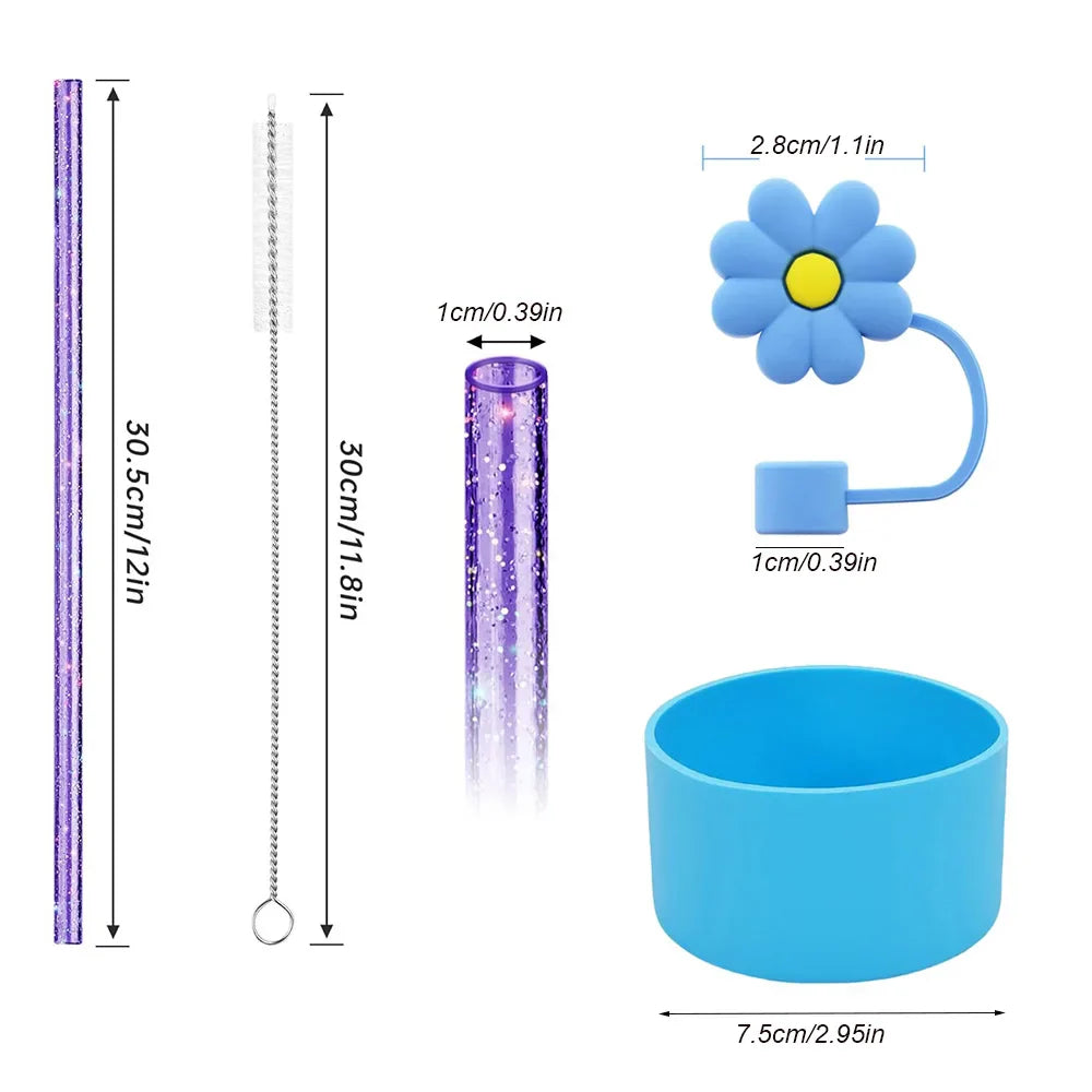 6pcs Reusable Accessories Set for Stanley 40oz Tumblers - Bow Straw Covers, Sparkling Straw, Protective Boot, Charm Chains
