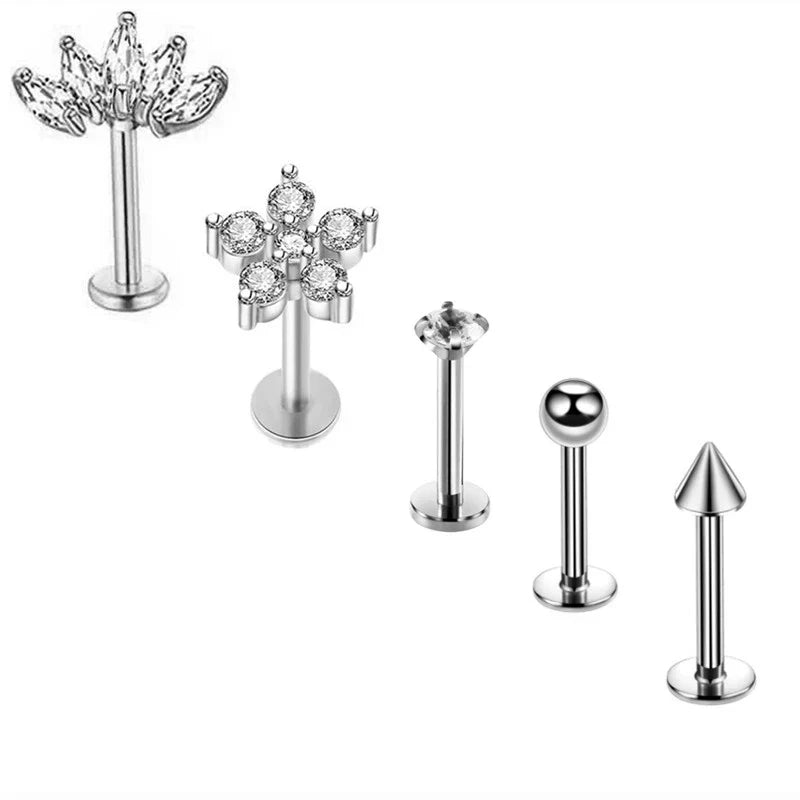 5PCS Flower Tragus Piercing Set Flat Back Cz Cartilage Stud Earring Helix Jewelry Conch Rook Stud Lot Labret Lip Piercing Bulk