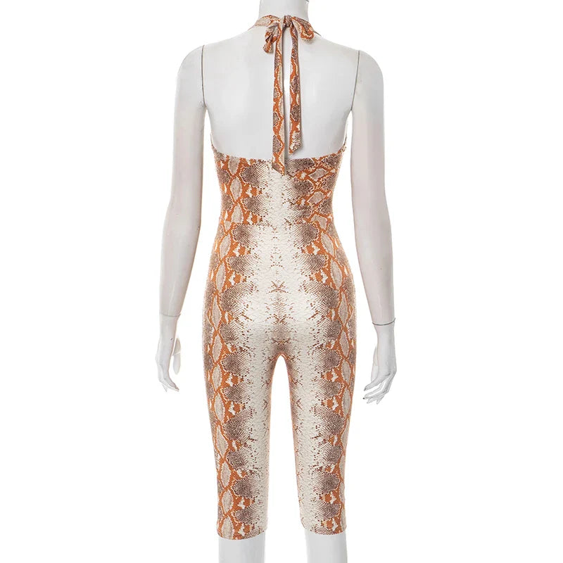 CUTENOVA Women'S Full-Body Printed Hanging Neck Tie Backless Skinny Five Points Jumpsuit Simple Casual Sexy Street Jumpsuit