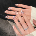 10Pcs Handmade French Nails Tips Elegant Cat Eye Gold Stripes Edge Design with Flowers Rhinestone Pink Glitter Wearable Manicure