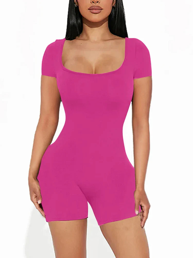 2025 Summer New Women's Sexy Solid Color Short Sleeve U Neck Jumpsuit Short Jumpsuit Yoga Fitness One Piece Polyester