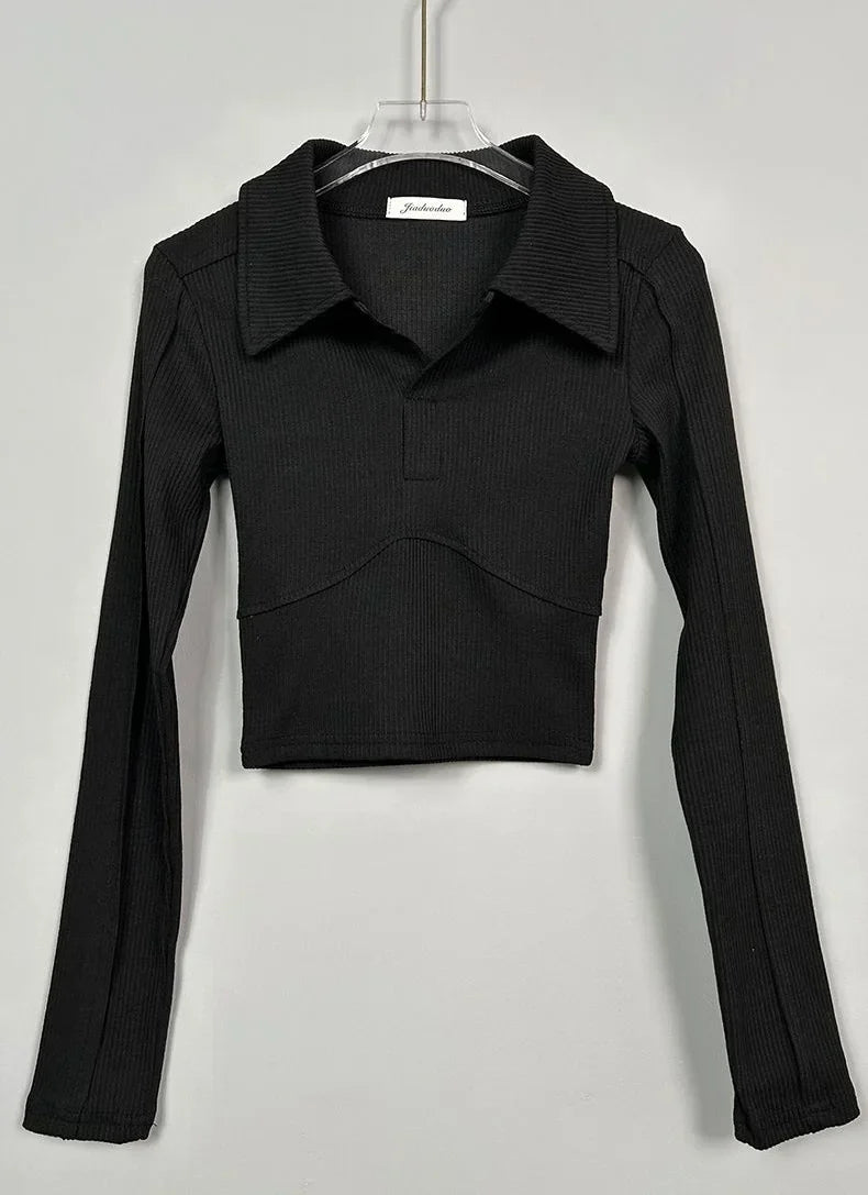 Elegant Coquette Women's Polo Neck T-Shirt - Long Sleeve, Chic Style, Effortless Elegance