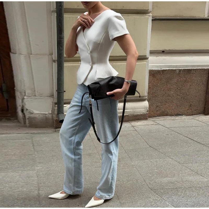 Elegant Short Sleeve Women's Top 2025 Summer Fashion V-neck Button Slim Office Lady Commuting Tops Street Solid Female Shirt