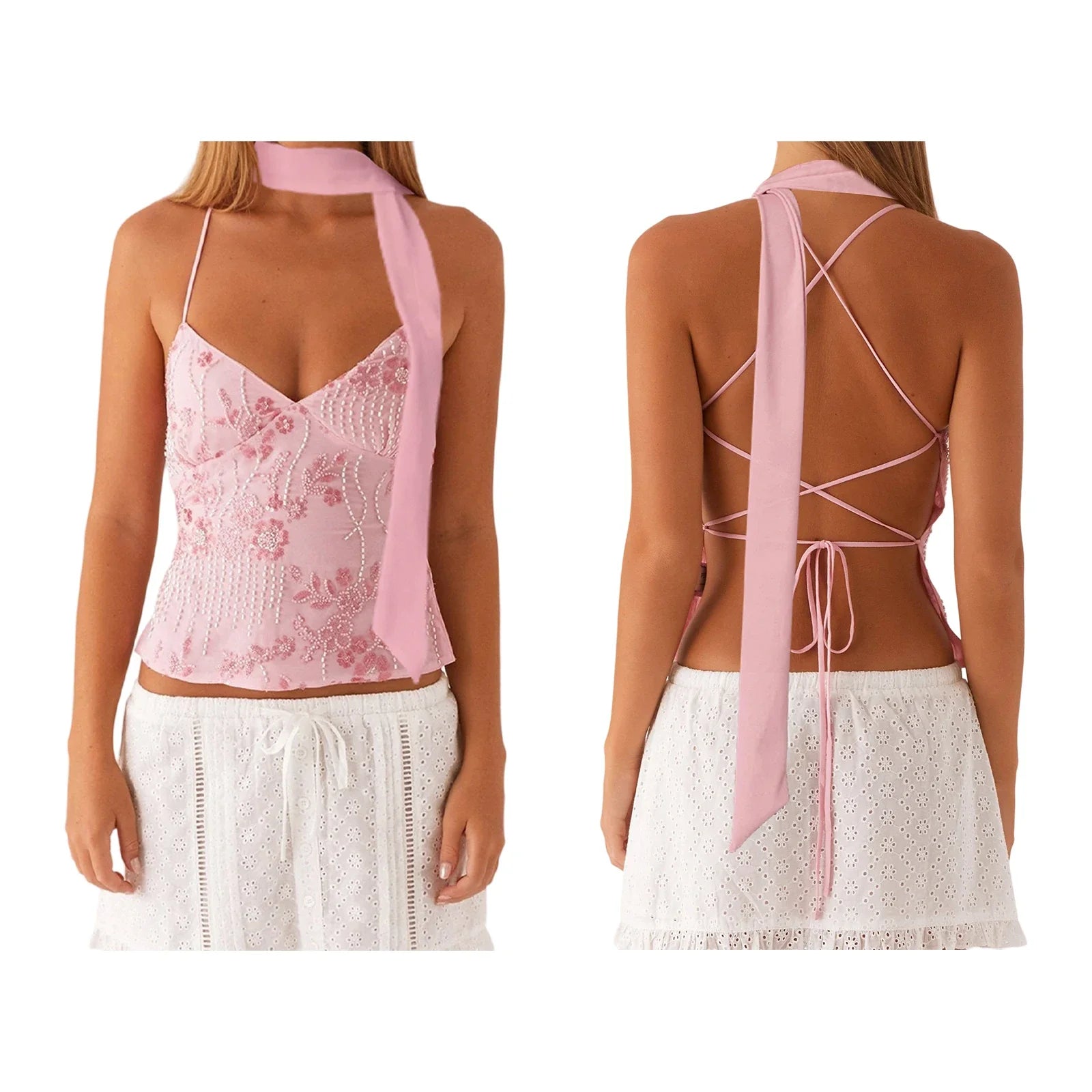 Combhasaki Women Summer Sleeveless Beading Camis Top V-neck Tie-up Cross Backless Pearl Glitter Sequin Flower Embroideried Vest