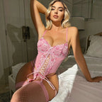 Ellolace Fancy Sexy Lingerie 3-Piece Corset Lace Up Beautiful Underwear with Stocking Luxury g-String Pink Intimate Goods