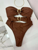 3 Colors Sexy Metal Rings Cut Out Women Swimwear One Piece Swimsuit Female Bandeau High Leg Cut Bather Bathing Suit Swim B022D