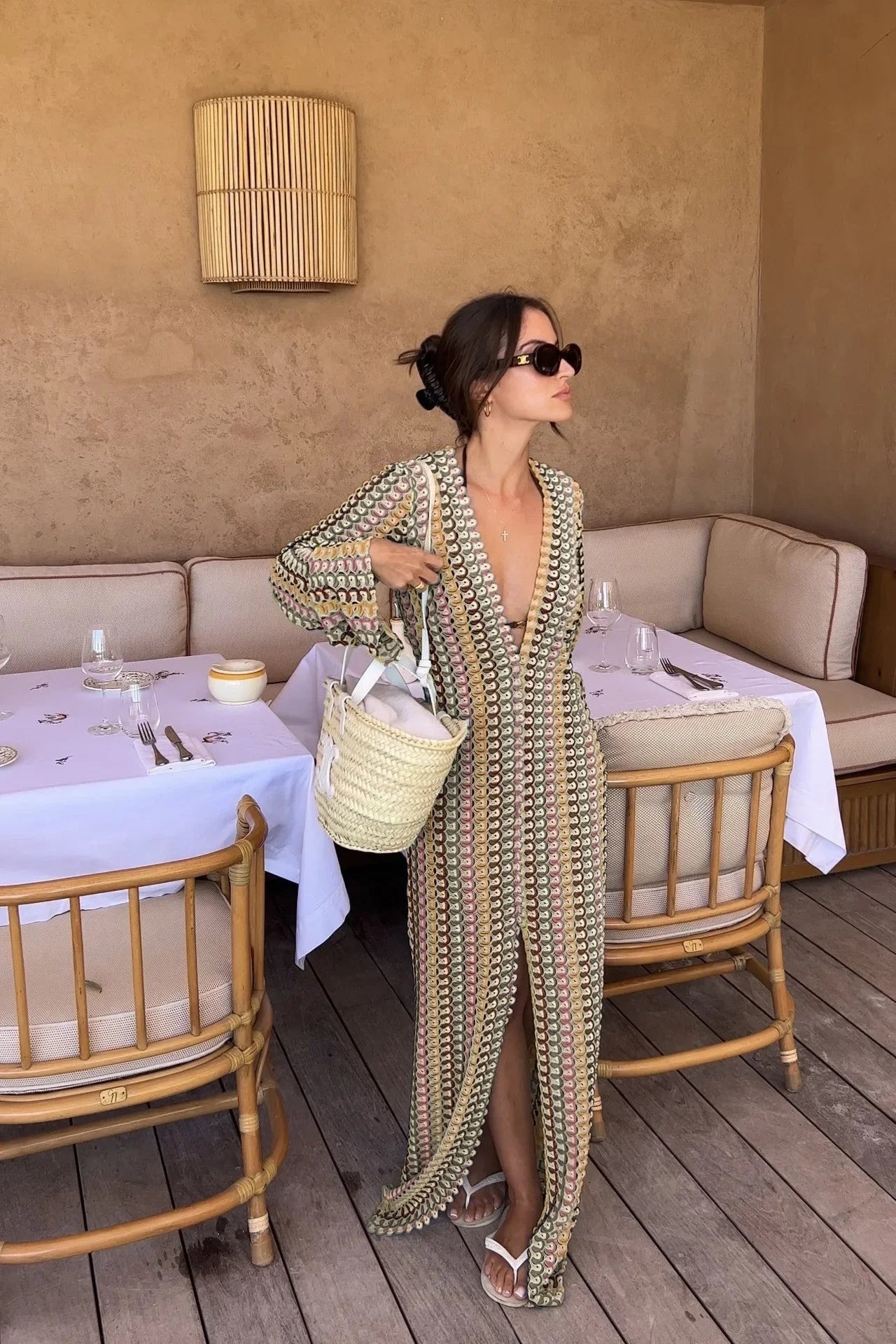 Crochet Colorful Stripe Flare Sleeve Maxi Dress Women V-neck High Split Sexy Lace Long Dresses 2024 New Beach Banquet Vestidos