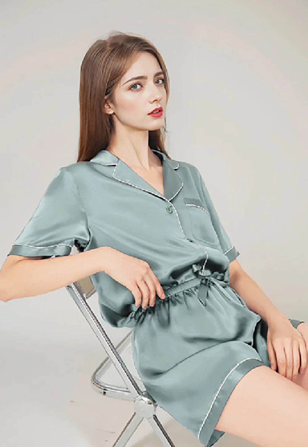 100% Real Mulberry Silk Womens Pajamas Set Sleepwear Pjs Button Down Short Sleeve Shirt Top and Shorts Loungewear 2 Piece M-4XL