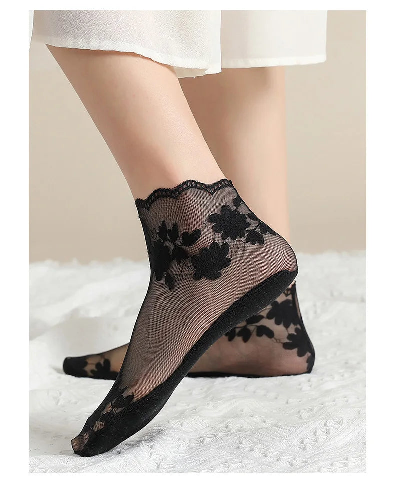 5 Pairs/Lot Socks women's Lace Transparent Lolita Invisible Summer Thin Non-slip Short  Ankle Black Low Cut Boat Sock