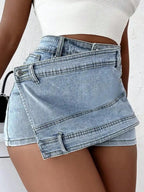 2023 Women Fashion Denim Mini Skort Rave Street Wrap Stretch Irregular A-Line Skinny Cargo Jean Shorts Mujer