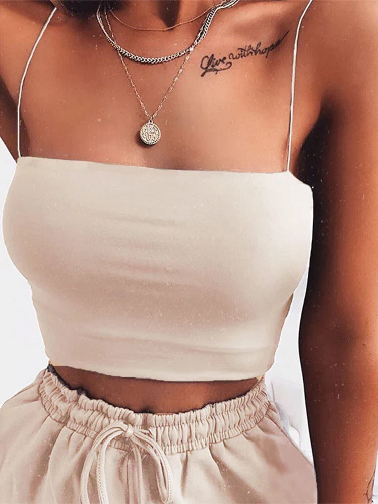 2024 New Fashion Women Spaghetti Strap Crop Top Sexy Bodycon Sleeveless Cami Tube Top Basic Plain Camisole