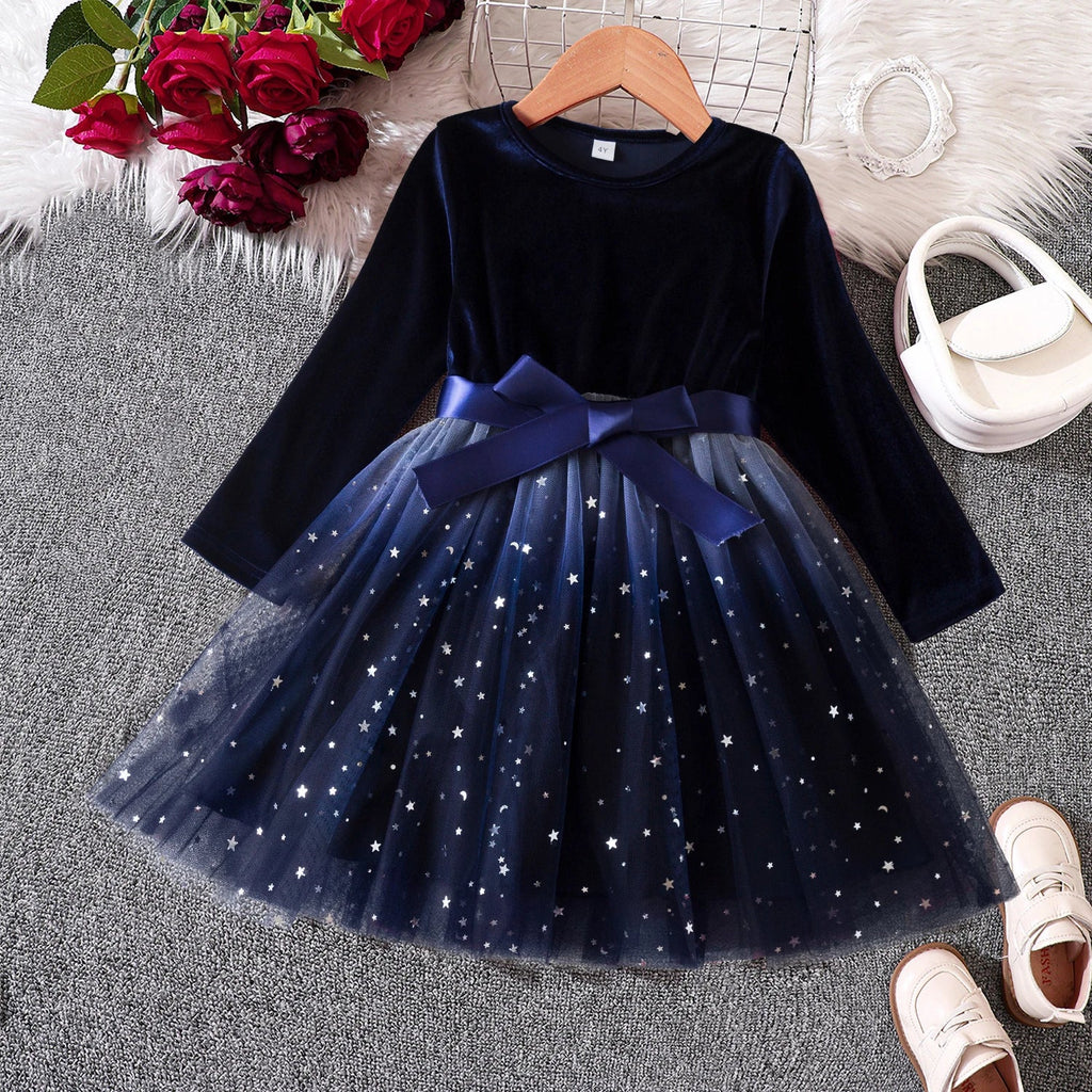 2025 Red Christmas Dress for Baby Girls Winter Long Sleeve Mesh Dresses for 3-8Yrs Kid Star Sequin Birthday Party Princess Dress