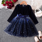 2025 Red Christmas Dress for Baby Girls Winter Long Sleeve Mesh Dresses for 3-8Yrs Kid Star Sequin Birthday Party Princess Dress
