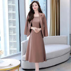 2Pcs/Set Summer Women Suit Dress Outfit  Solid Color Mid-length Lady Dress Sets Light Luxury Commute Sling Dress Coat Set