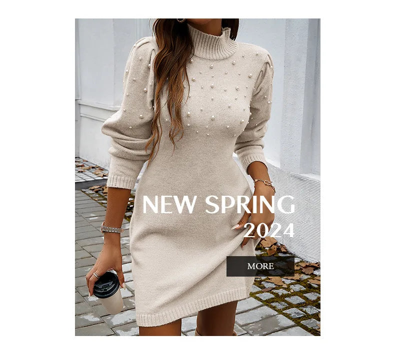 2025 Autumn Women Sweater Dresses Pearls Round Neck Long Sleeve Hip Wrap Dress Winter Elegant Ladies Casual Solid Slim Fit Dress