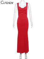 Cutenew Women's Elegant Solid Maxi Dress Sexy Halter Spaghetti Lady Long Dresses Bowknot Lace-up Girl Backless Female Party Robe