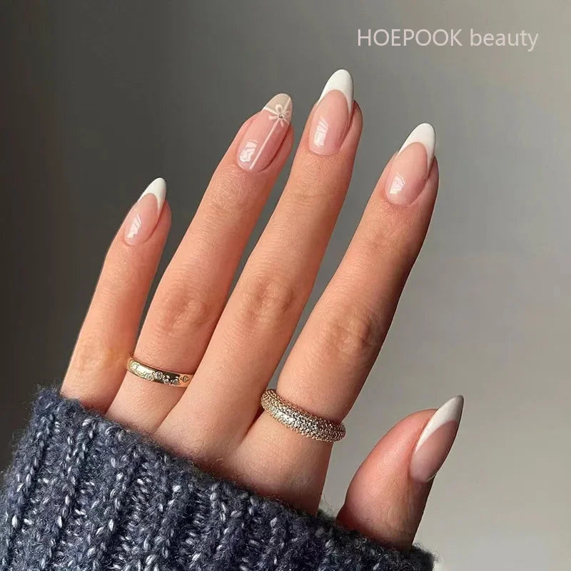 24pcs Nude French Fake Nails White Edge Almond False Nails Art Full Coverage Removable Waterproof Artificial Press on Nail