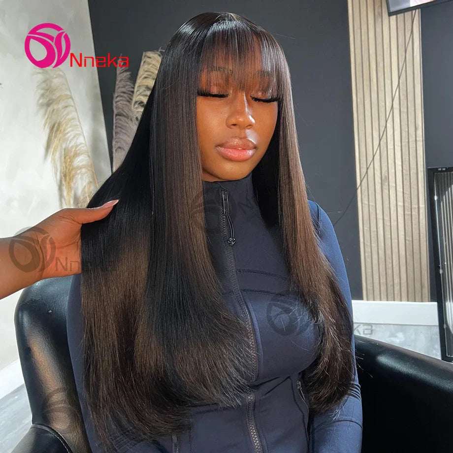 Bone Straight Human Hair Wig With Bangs For Women 30 Inch Brazilian 3x1 Lace Wigs Glueless Wig Human Hair Natural Black Color