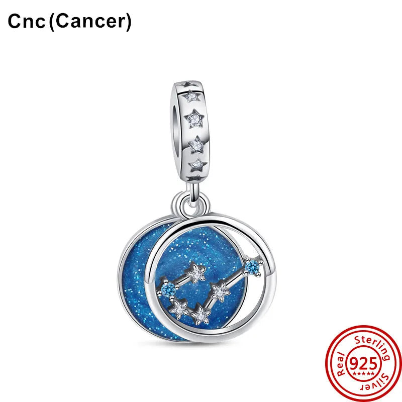 Authentic 925 Sterling Silver Sparkling Aries Leo Scorpio 12 Zodiac Signs Constellation Charm Beads Fit Pantaro Bracelet Jewelry