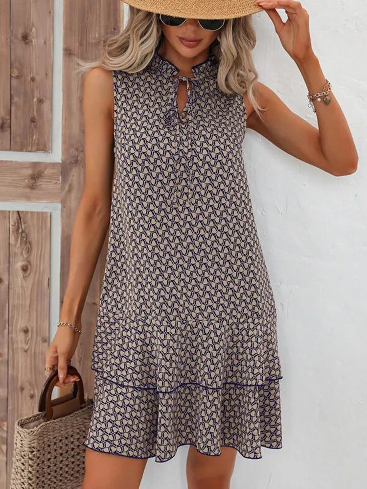 2025 Elegant Women's Casual Loose Ruffle Mini Dress Summer Bohemian Printed V-neck Lace-up Small Flying Sleeve Dresses For Women