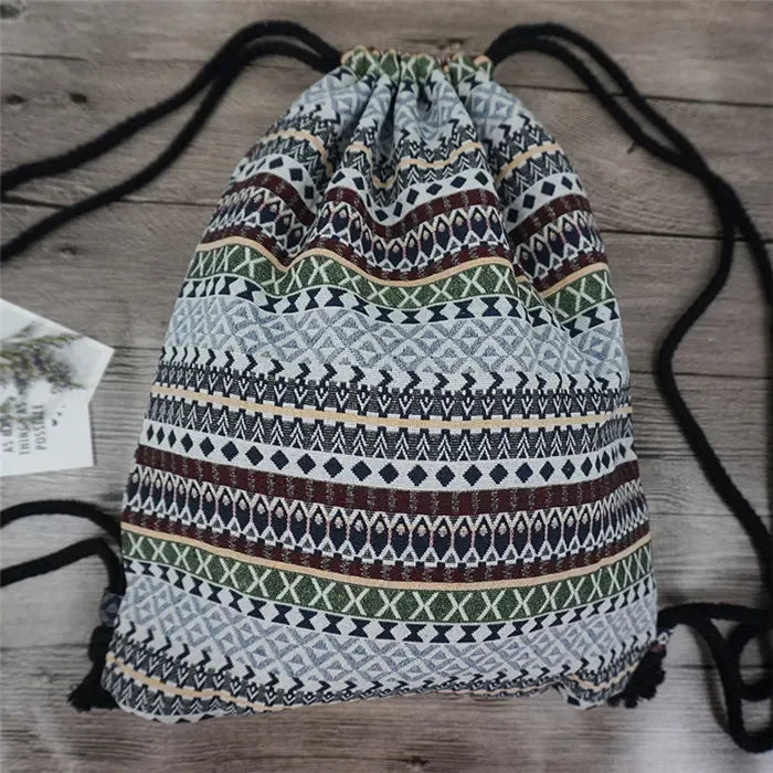 2025 Women Fabric Backpack Female Gypsy Bohemian Boho Chic Aztec Ibiza Tribal Ethnic Cottage Soft Brown Drawstring Rucksack Bags