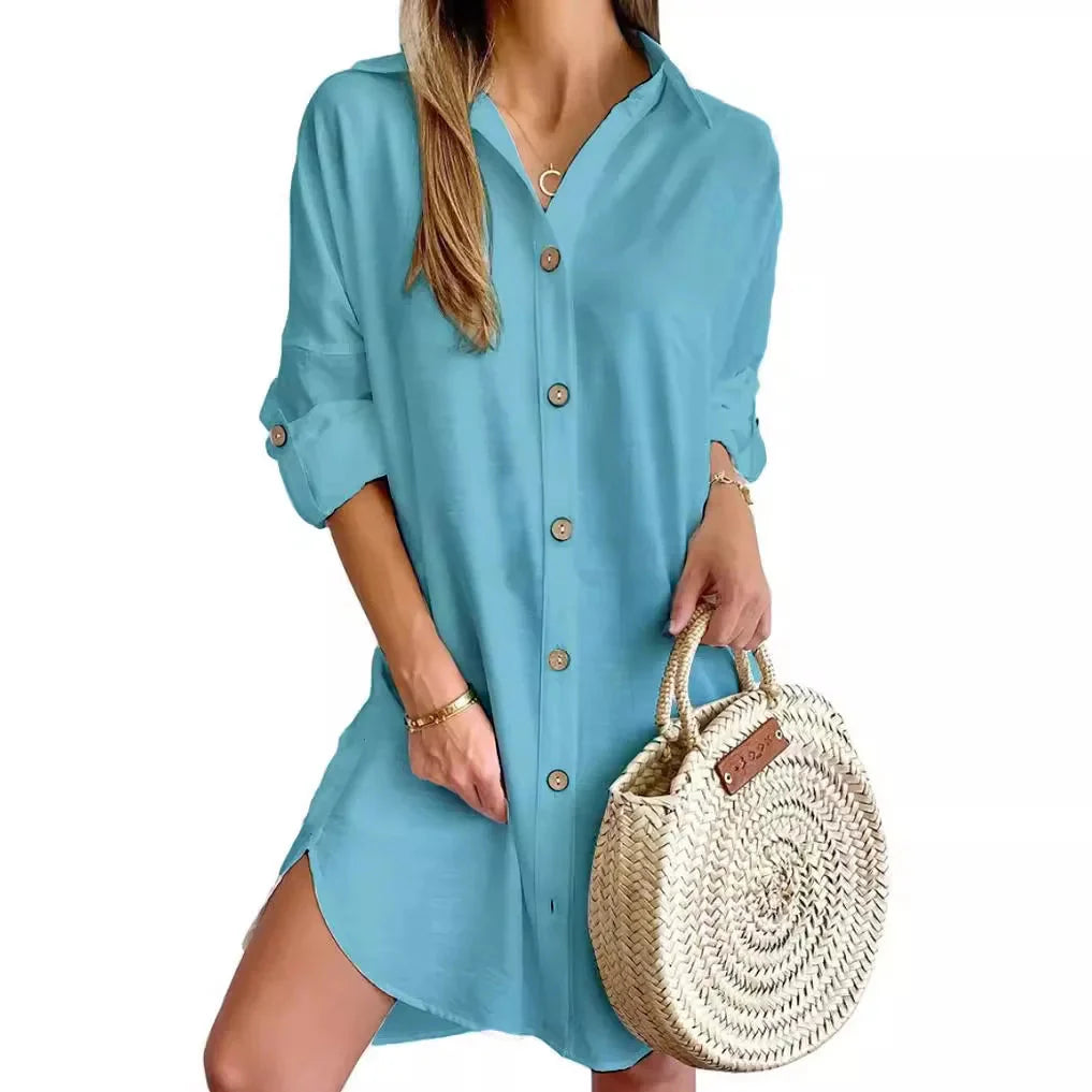 Elegant Women's White Spring And Autumn Casual Long Sleeved Lapel Button Up Shirt Dress 2024 Fashionable Woman Loose Mini Dress