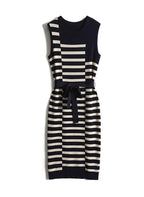 2025 Summer New Over-knee Long Temperament Slim Waist Vest Sleeveless Slim Striped Knitted Dress