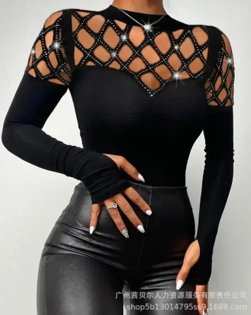 Contrast Lace Long Sleeve Cold Shoulder Bodysuit Women Top Romper Solid Color Fashion Sexy Slim Skinny Bodysuits
