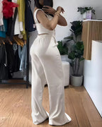 Chic Women Suit Y2k Sexy Two Piece Set Summer Sleeveless Slim Vest And Wide-leg Trouser Sets Elegant Solid Pants Women's Outfit
