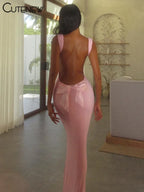 Cutenew Women's Elegant Solid Maxi Dress Sexy Halter Spaghetti Lady Long Dresses Bowknot Lace-up Girl Backless Female Party Robe