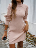 2025 Autumn Women Sweater Dresses Pearls Round Neck Long Sleeve Hip Wrap Dress Winter Elegant Ladies Casual Solid Slim Fit Dress