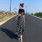 2024 New Summer Korean Version Elegant and Loose Floral Dress Short Sleeved Printed Patchwork Bandage for Women's Long Dress
