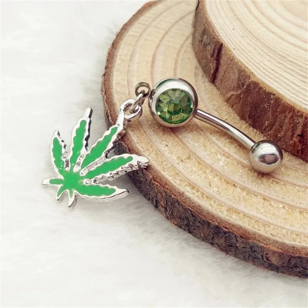 1/2pcs 316L Stainless Steel Leaf Belly Button Ring for Women, Green Maple Leaf Dangle Belly Barbell Navel Body Piercing Jewelry