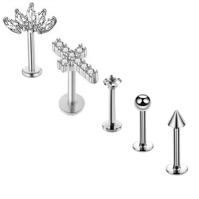 5PCS Flower Tragus Piercing Set Flat Back Cz Cartilage Stud Earring Helix Jewelry Conch Rook Stud Lot Labret Lip Piercing Bulk