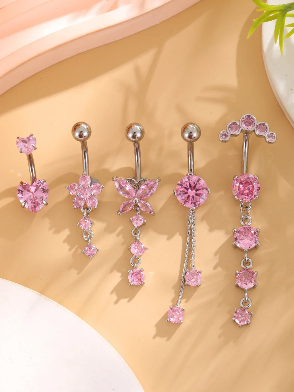 14G Gold Color Series Butterfly Dangled Belly Piercing Sets 5PCS/Lot Heart Flower Curved Navel Navel Ring Belly Button Rings