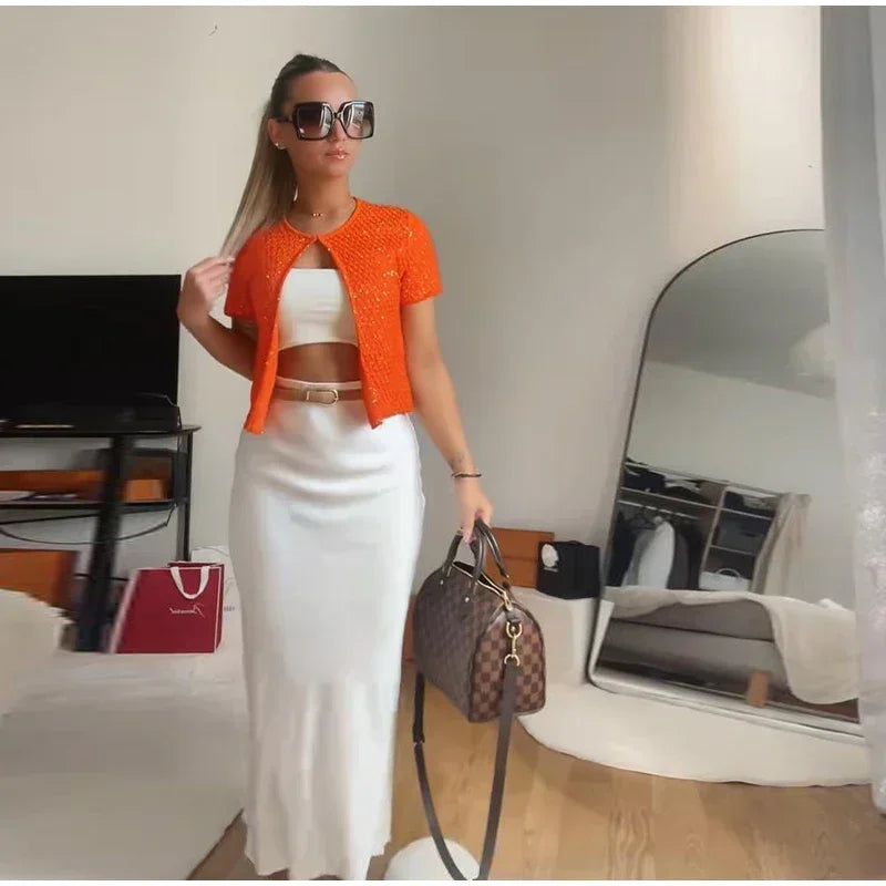 Elegant Sequined Orange Cardigans Women Y2k O-neck Short Sleeve One Button Female Tops 2025 Street Summer Lady Chic Knitwear