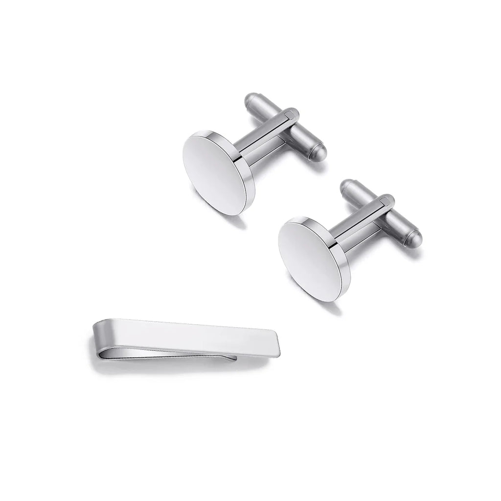 Custom Engraved Round Cufflinks & Tie Clip Set Stainless Steel Anniversary Wedding Birthday Groomsmen Gift for Father Husband