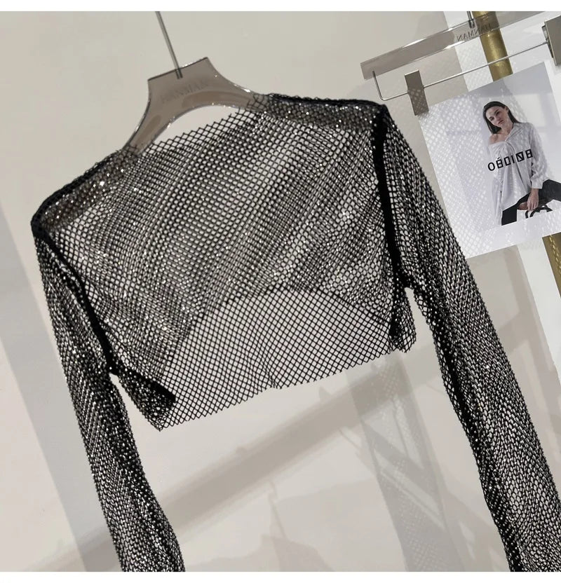 2023 new sexy bright diamond short top Slim thin Ms. hot drill long-sleeved T-shirt sexy leak waist nightclub