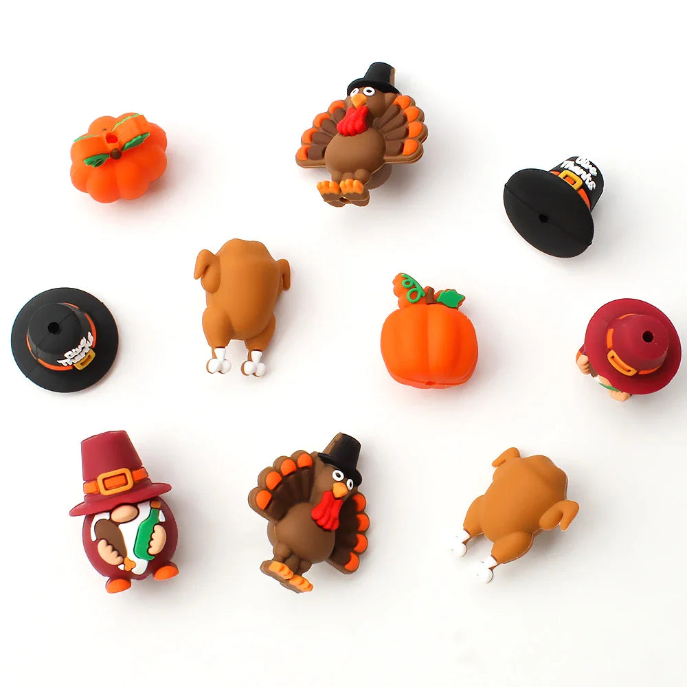 5/10/20pcs Thanksgiving Silicone Beads 3D Pumpkin Turkey  Focal Beads for Jewelry Lanyards Keychain Bracelet Making Pen Decor