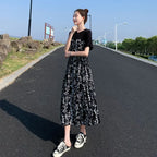 2024 New Summer Korean Version Elegant and Loose Floral Dress Short Sleeved Printed Patchwork Bandage for Women's Long Dress