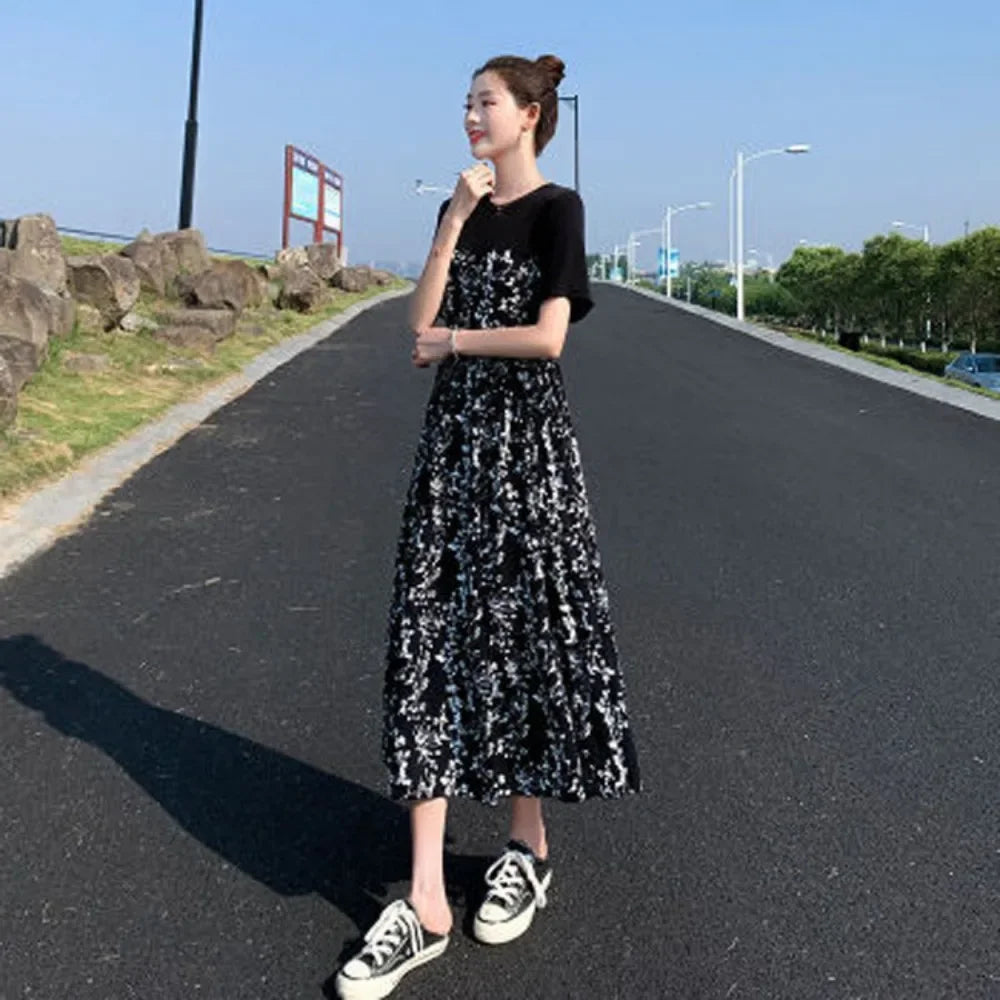 2024 New Summer Korean Version Elegant and Loose Floral Dress Short Sleeved Printed Patchwork Bandage for Women's Long Dress
