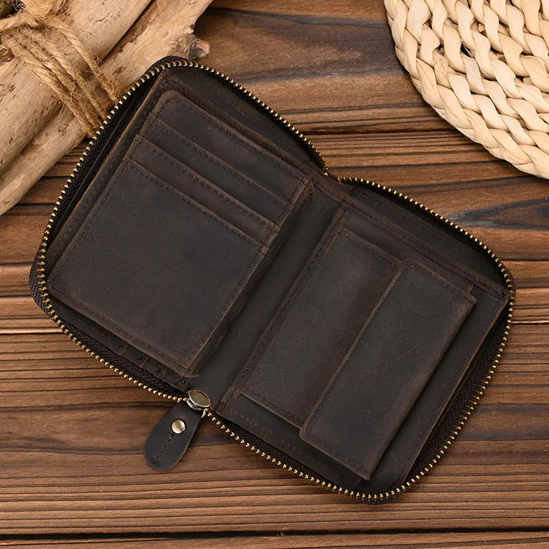2023 New Short Wallet Men Women Vintage Fashion Card Holder Zipper Coin Purse Crazy Horse Leather Mens Slim Zipper Purse Wallet