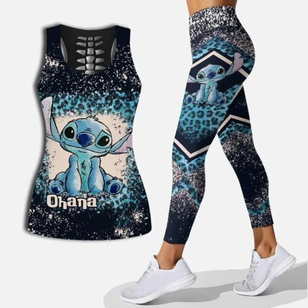2024 Disney Stitch Women's Hollow Tanktop Yoga Set Summer Fitness Leggings Tracksuit Disney Cutout Tank Top Leggings Set