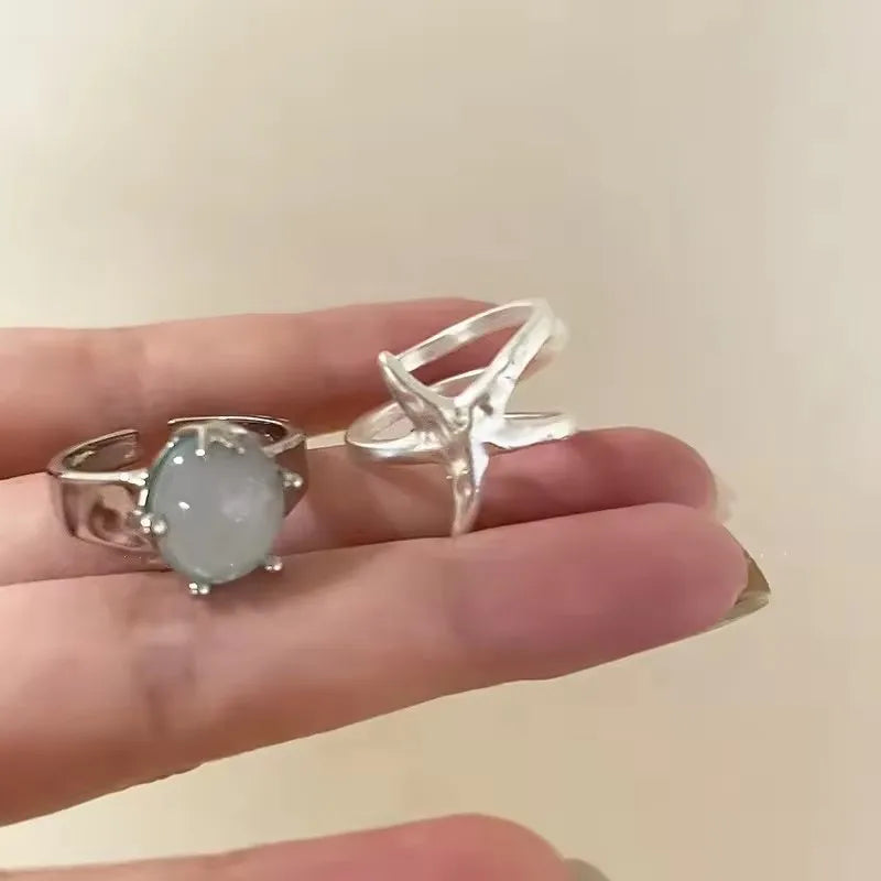 925 Sterling Silver Rings for Women Couple Minimalist Handmade Simple Blue Stone Star Ring Party Jewelry Gift Prevent Allergy