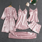 5PCS Women's Ice Silk Sexy Pajama Set Breathable Lace Satin Pajama Bathrobe Five Piece Set Casual Home Clothes Spring and Summer