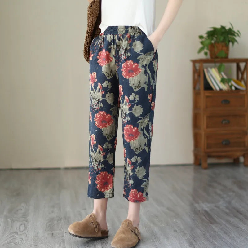 1pcs Spring Summer Women Cotton Comfort Breathable Pants Female Grid Flower Print Casual Loose Pant Lady Haren Straight Leg Pant