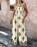 2025 Summer Female Jumpsuits with Pockets Fashion Printing Wide Legs High Waist Women's Rompers Sleeveless Strap Pants Trousers