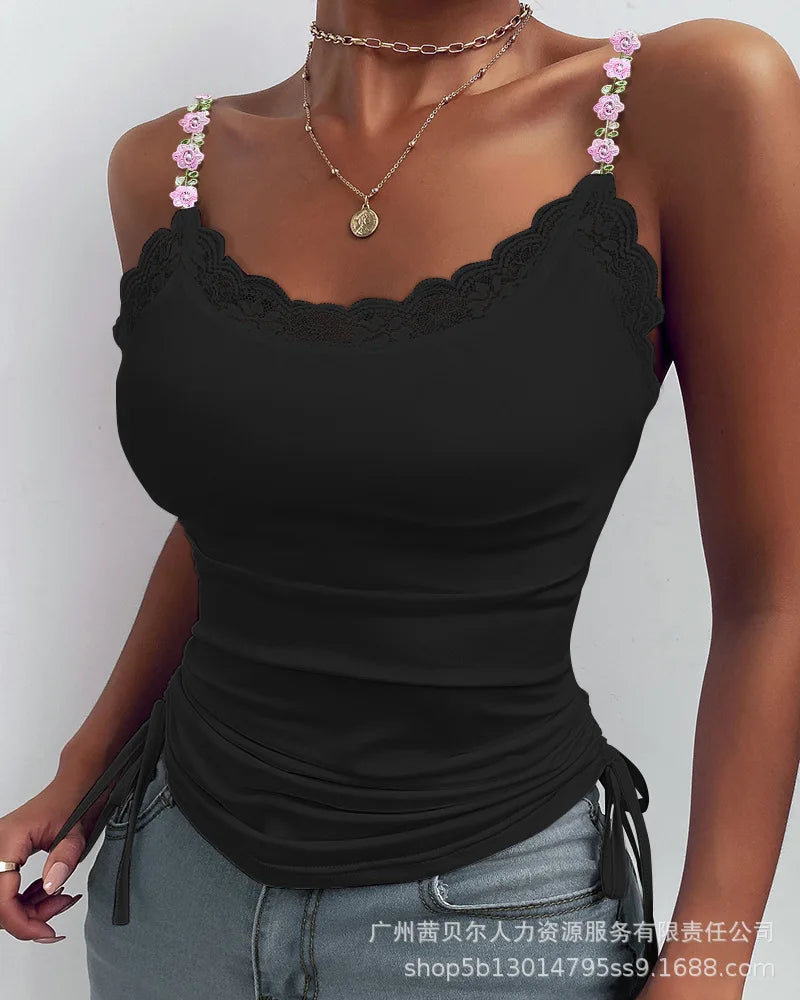 2024 Spring Summer New Vest Top Women's Closing Solid Color Slim Top Women Sexy Lace Stitching Three-Dimensional Decoration Vest